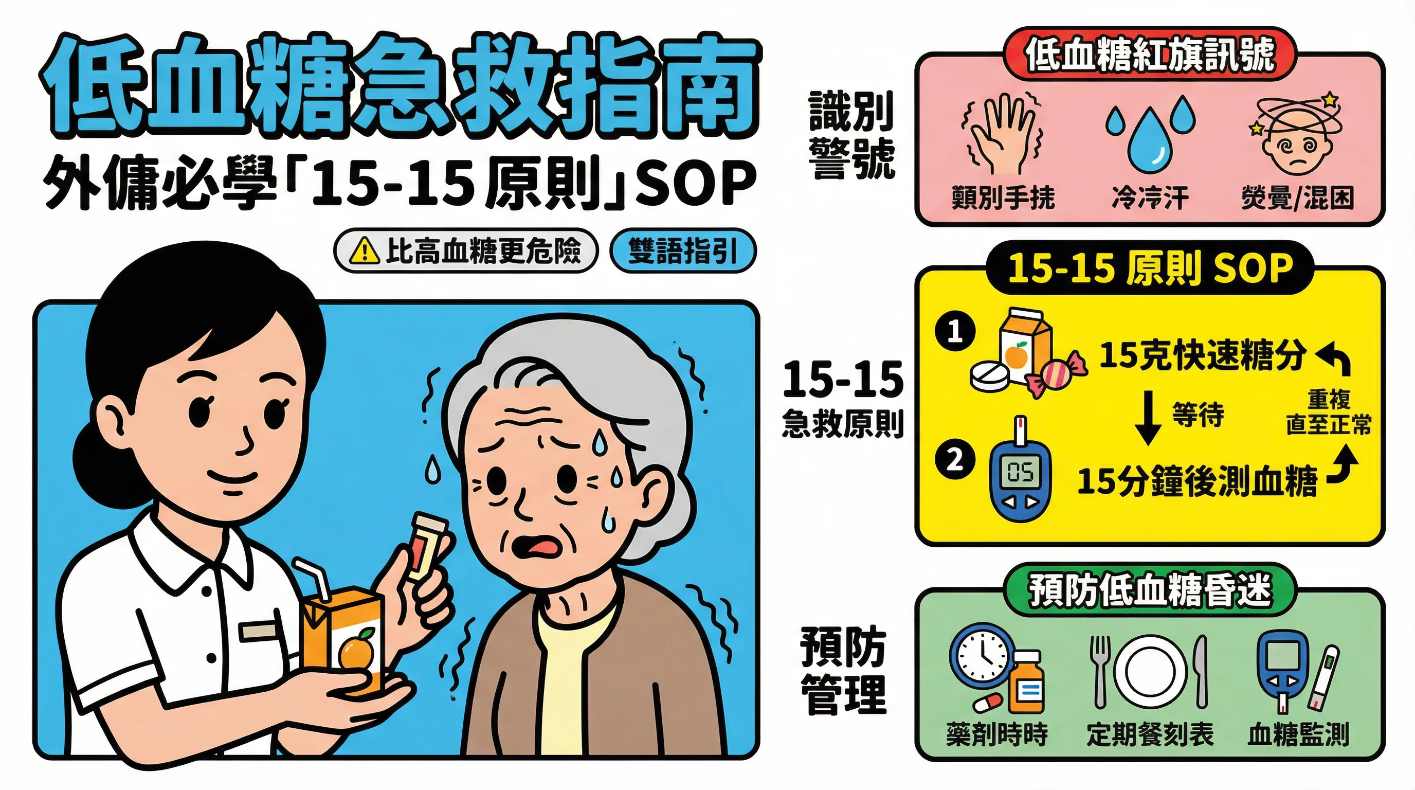 低血糖比高血糖更危險？外傭必學「15-15 原則」急救 SOP 與預防指南