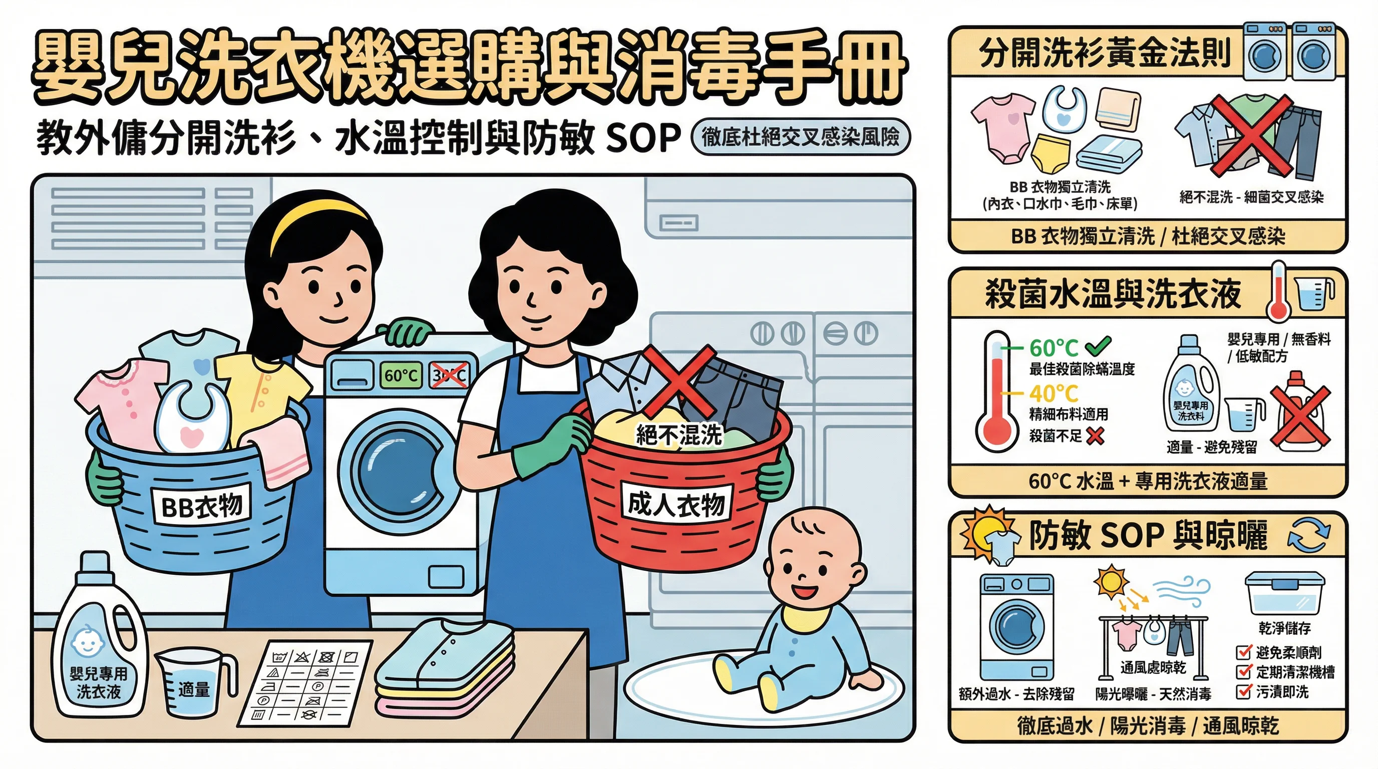 嬰兒洗衣機選購與消毒手冊：教外傭分開洗衫、水溫控制與防敏 SOP