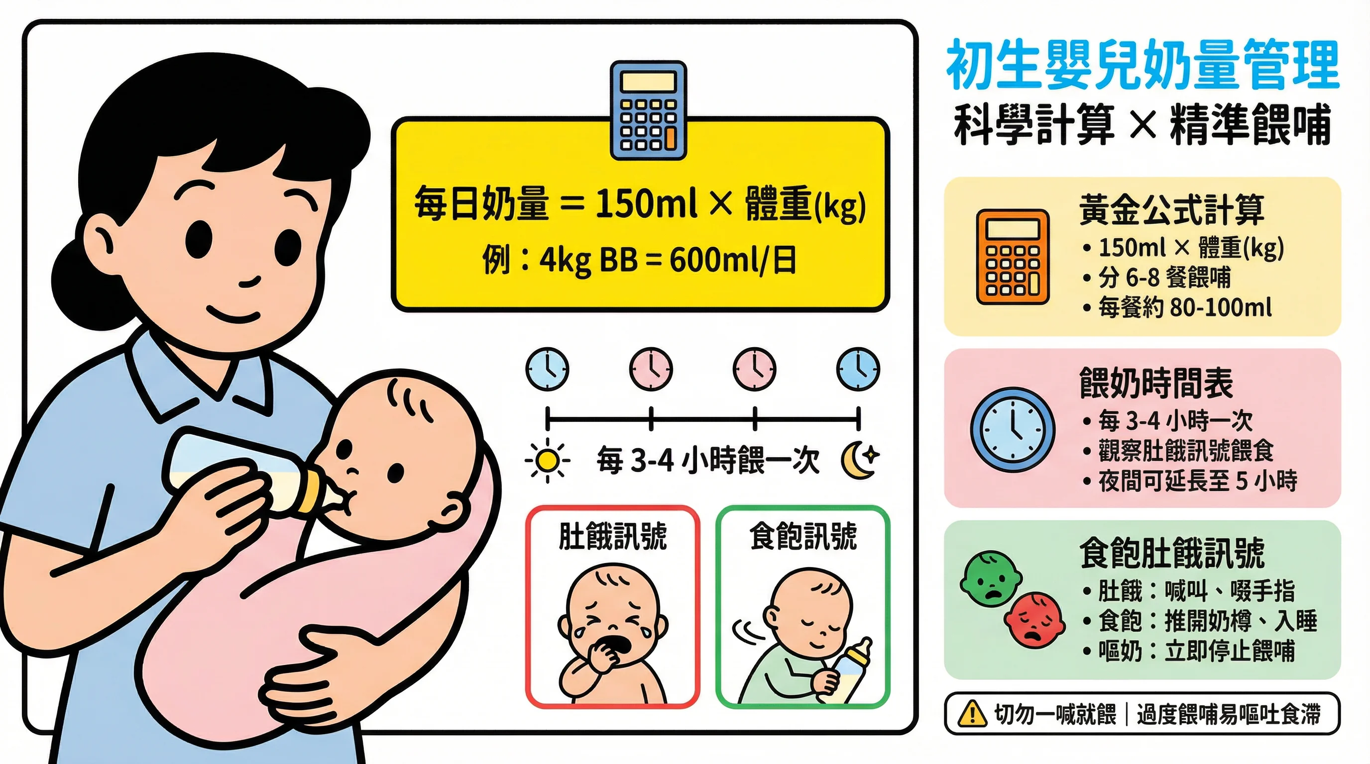 初生嬰兒奶量 計算公式:150ml 黃金準則與外傭餵奶時間表範本