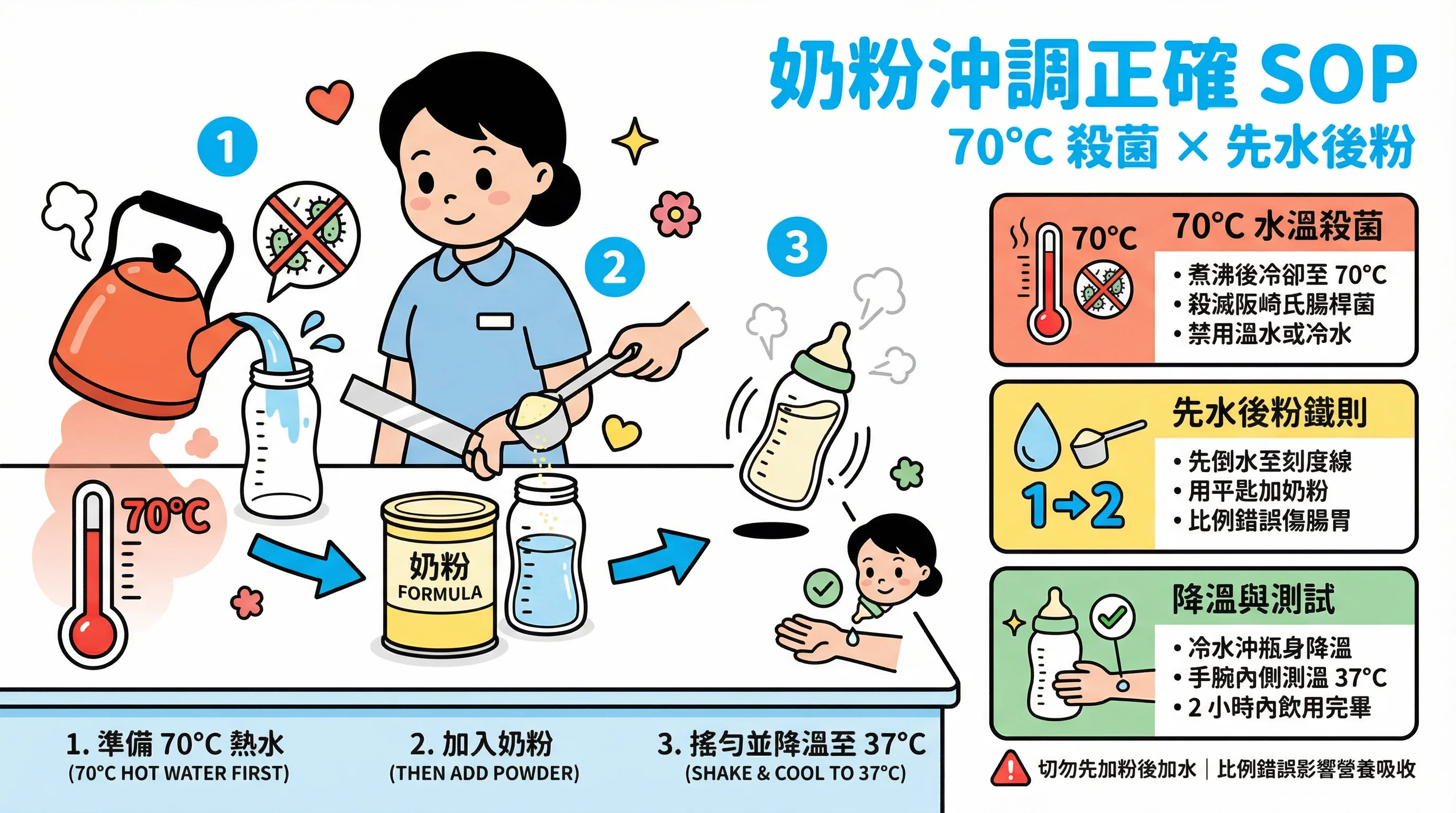 嬰兒奶粉沖調不當易染菌？教外傭 70度水溫殺菌與「先水後粉」正確 SOP